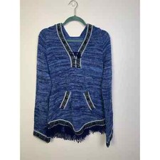 Vintage Retro Womens Blue Alpaca Hoodie, 70s Boho Sweater with finge, Size S