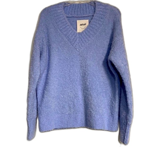 AERIE TEDDY BOUCLE SOFT BLUE SWEATER V NECK XS