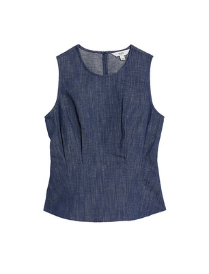 Neu mit Etikett M&S Denim Rundhals ärmellose Bluse Top Reißverschluss seitlich halb tailliert Stil UK 22