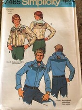    1976 SIMPLICITY 7465 - MEN'S WESTERN SHIRT w/APPLIQUES' PATTERN 38-40 FF