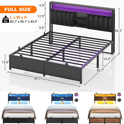 Sturdy Bed Frame with Power Outlets ＆ LED Lights ＆ Leather Upholstered Headboard