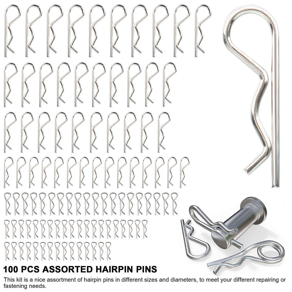 100/200Pcs Heavy Duty Cotter Pins R Clips Assortment Kit Hair for Trucks Mower
