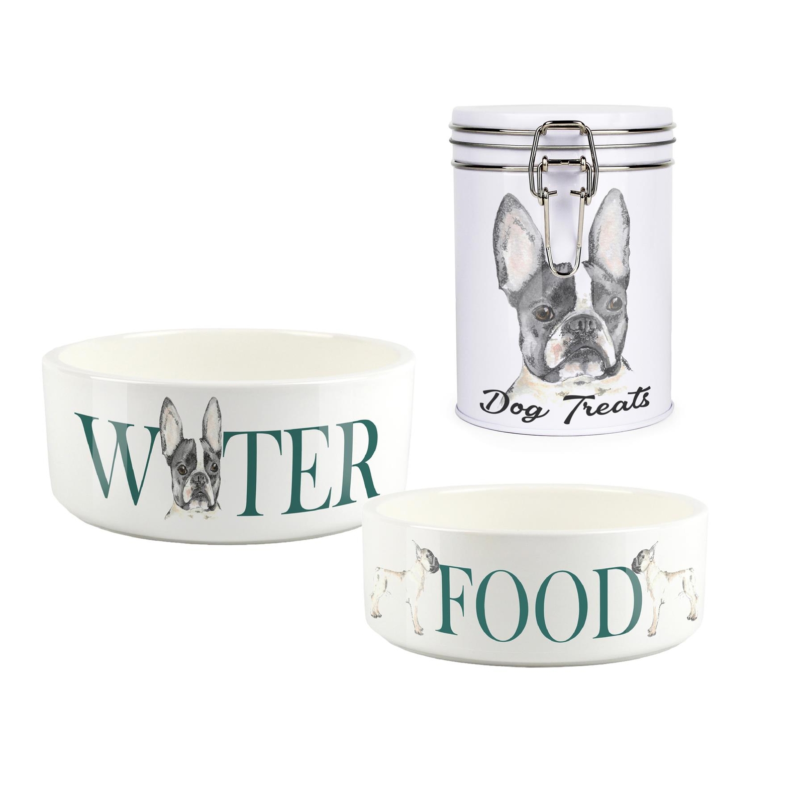 Frenchie Pet Bowls & Treat Canister Set - Food/Water Gifts for Dog Owners