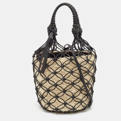 Miu Miu Black/Tan Leather Mesh and Straw Bucket Bag | eBay