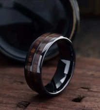 Wood Inlay Whiskey Barrel Ring Size Z1 Black Stainless Steel Unique 8mm Wide 