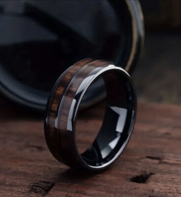 Holz Intarsien Whiskyfass Ring Größe Z1 schwarz Edelstahl Unikat 8 mm breit 