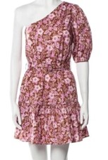 New Jason Wu One Shoulder Puff Sleeve Floral Belted Mini Dress Pink Tan Size: S