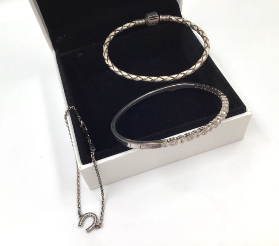 Pandora 925 Lot of 3 Bracelets Horseshoe Chain Pave Hinged Bangle Silver Leather - Image 2 of 4