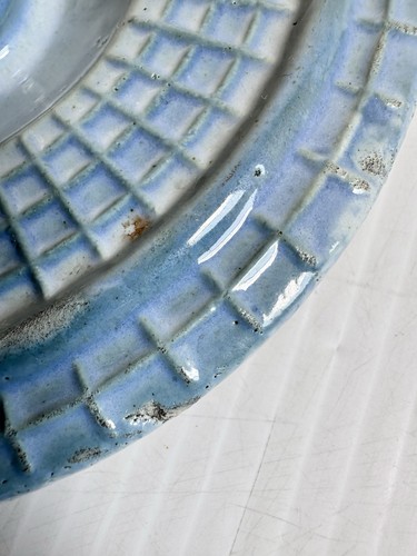 Antique Pottery Blue Ombré Daisy & Waffle Weave Butter Crock With Lid 4.5” Vtg - Picture 17 of 17