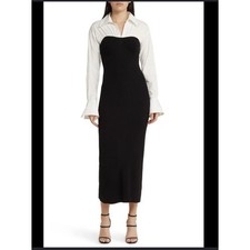 Moon River Mixed Media Maxi Dress Rib Knit Poplin Shirt Minimalist Office Sz A