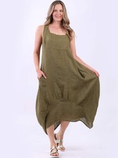 Women Linen Balloon Hem Summer Maxi Dress Plain Side Pockets Italian Tank Dress