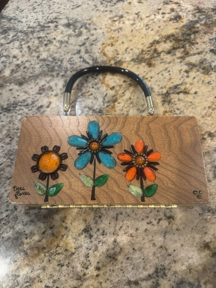 Bolso Caja Madera Vintage ENID COLLINS Mediados de Siglo Mod Años 60 Tres Flores 3 Flores CARTERA Foto 2 de 4