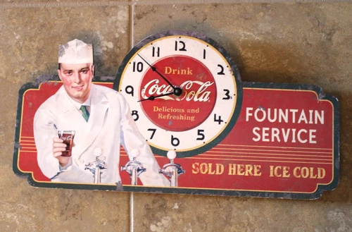 VNTG Coca-Cola "Coke" Fountain Service Wall Clock Sign Battery Faux-Tin 10x20"
