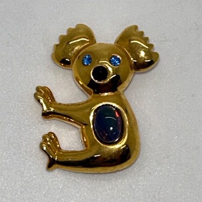 Gold-Tone Koala Brooch With Acrylic Black Opal Triplet Belly Pin 