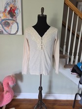Women's V-Neck Rib Knit Long Sleeve Henley Top Buttons Lace Accent Sz M Ivory