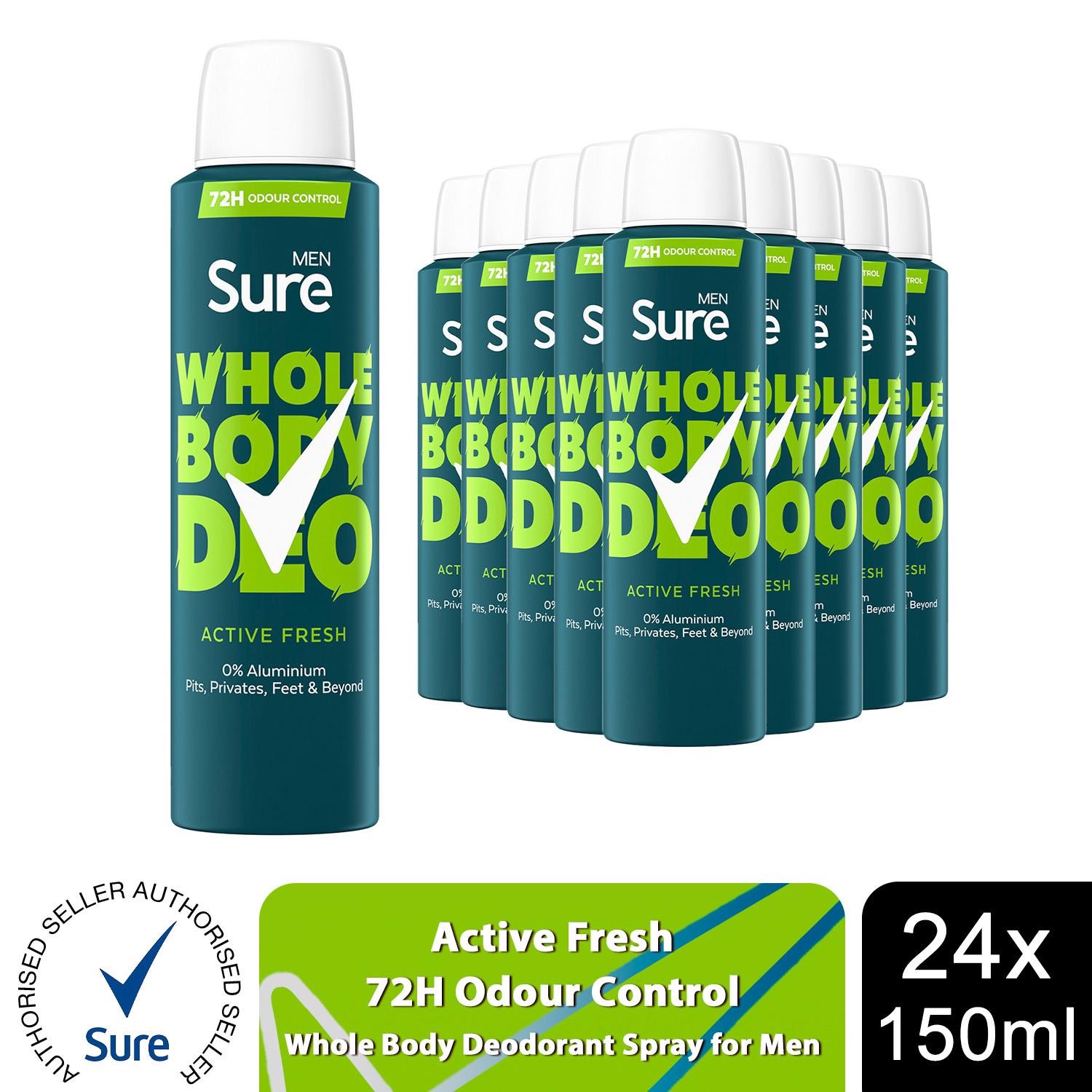 Sure Men Whole Body Deodorant Spray Active Fresh w/ 72H Odour Control 150ml,24pk