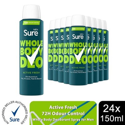 Sure Men Ganzkörper Deodorant Spray Active Fresh mit 72H Geruchskontrolle 150ml, 24er Pack