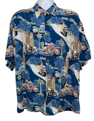 Kahala Hawaiian Shirt Mens 2X Blue Hula Island Cycles Surf Motorcycles Aloha