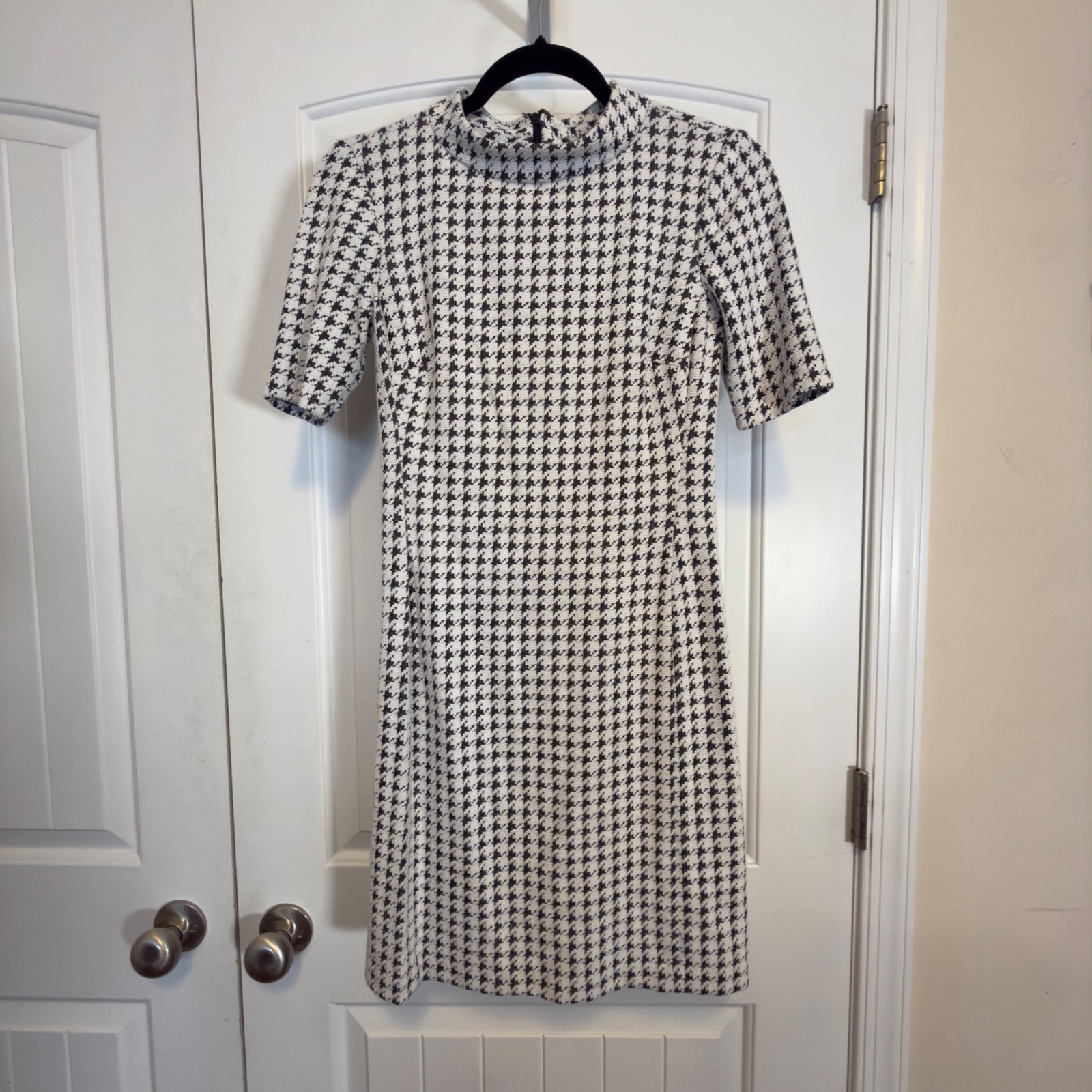 American Living Houndstooth Mock Neck Short Sleeve Sheath Dress Black White image 3