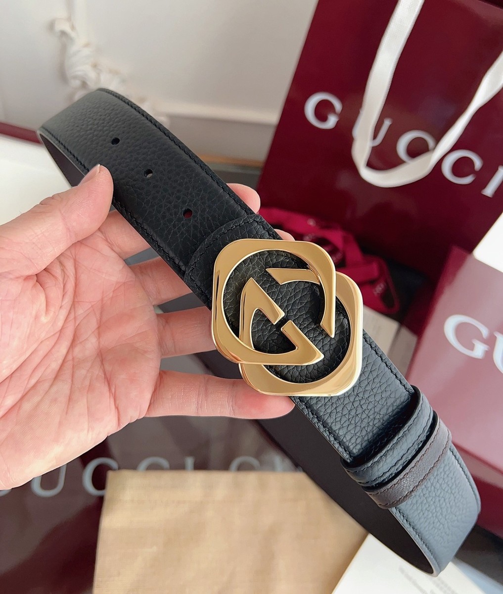 New Gucci Calfskin Leather Black/Brown Men Reversible Belt Gold GG
