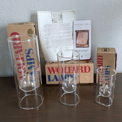 3 Trio Wolfard Handblown Glass Oil Lamps 12'' 9'' 6'' Tall Light Original Boxes