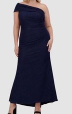 Eliza J Women Blue Metallic One-Shoulder Gown Plus Size 18W