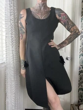 Vtg 1960s Geoffrey Beene Black Mini Dress Hostess Top W Slits Velvet Ribbons M