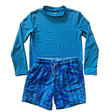 Cat Jack Boys Swim Set Size 6/7 Blue Rash Guard Swim Trunks EUC