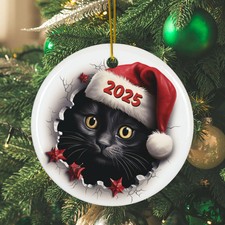 Black Cat 2025 Merry Christmas Ceramic Ornament - Holiday Tree Keepsake GIft