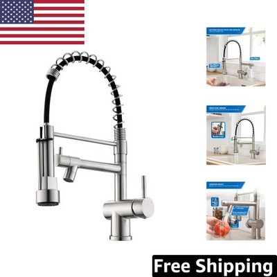 Water-Saving Dual Spout Kitchen Faucet with Tilt Angle Sprayer   Brushed Nickel