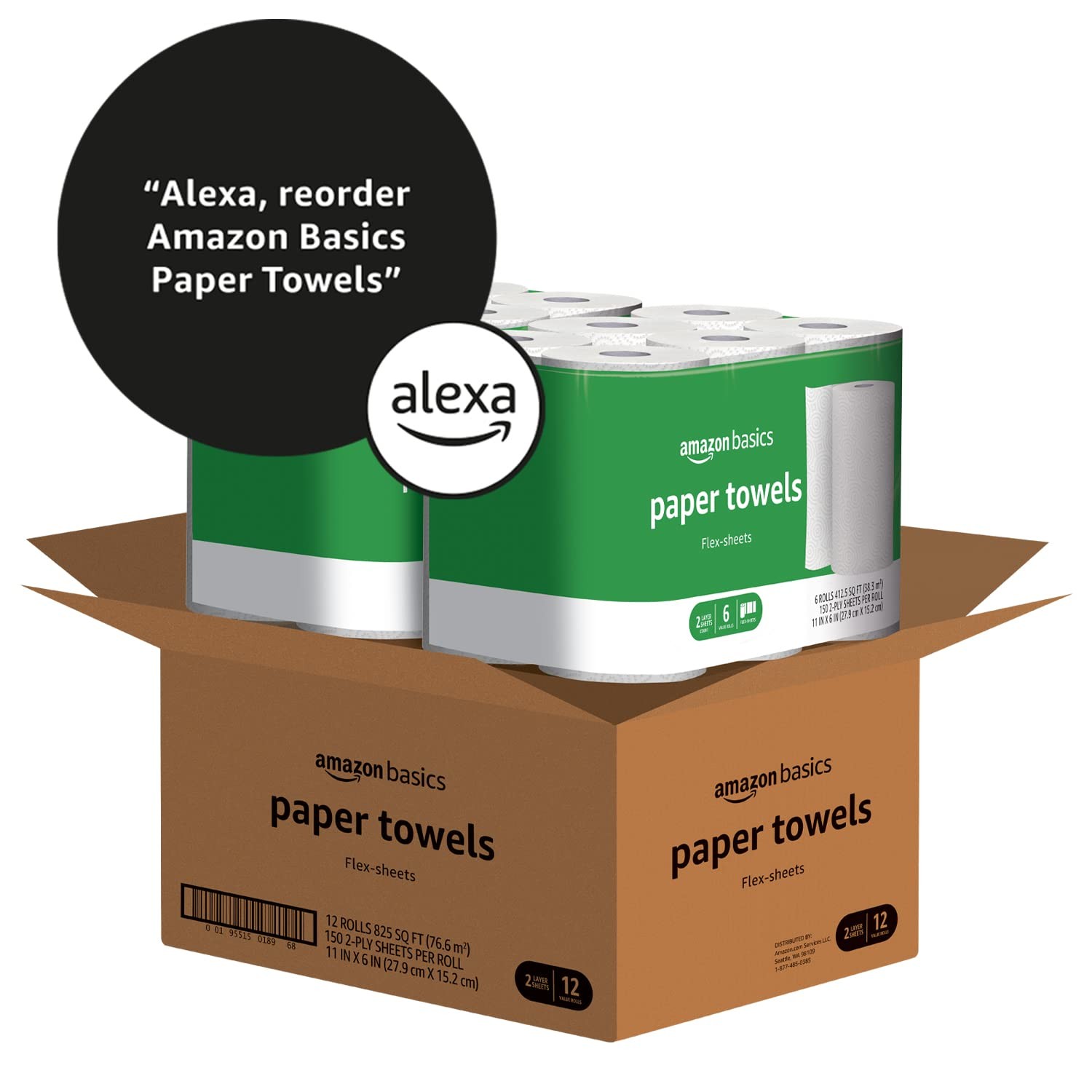 Amazon Basics 2-Ply Flex-Sheets Paper Towels 12 Basics Rolls = 32 Regular Rol...