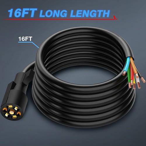 16FT Heavy Duty 7 Way Trailer Plug Inline Cord RV Blade Double Prongs Connector - Picture 2 of 11