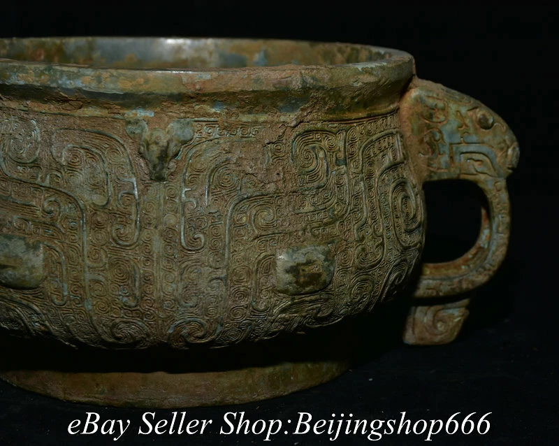 9.4" Old Chinese Bronze Ware Dynasty Dragon Pattern Handle incense burner Statue - Image 2 of 4