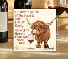 Highland Cow Wine Bar Sign Glass Half Full fluffy art shelf sitter hanging decor