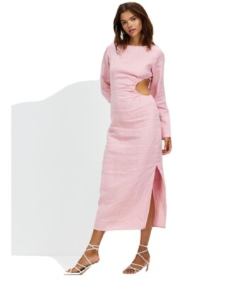 dissh white linen maxi dress Haylee Sleeveless Linen Cowl Midi Dress in White By DISSH