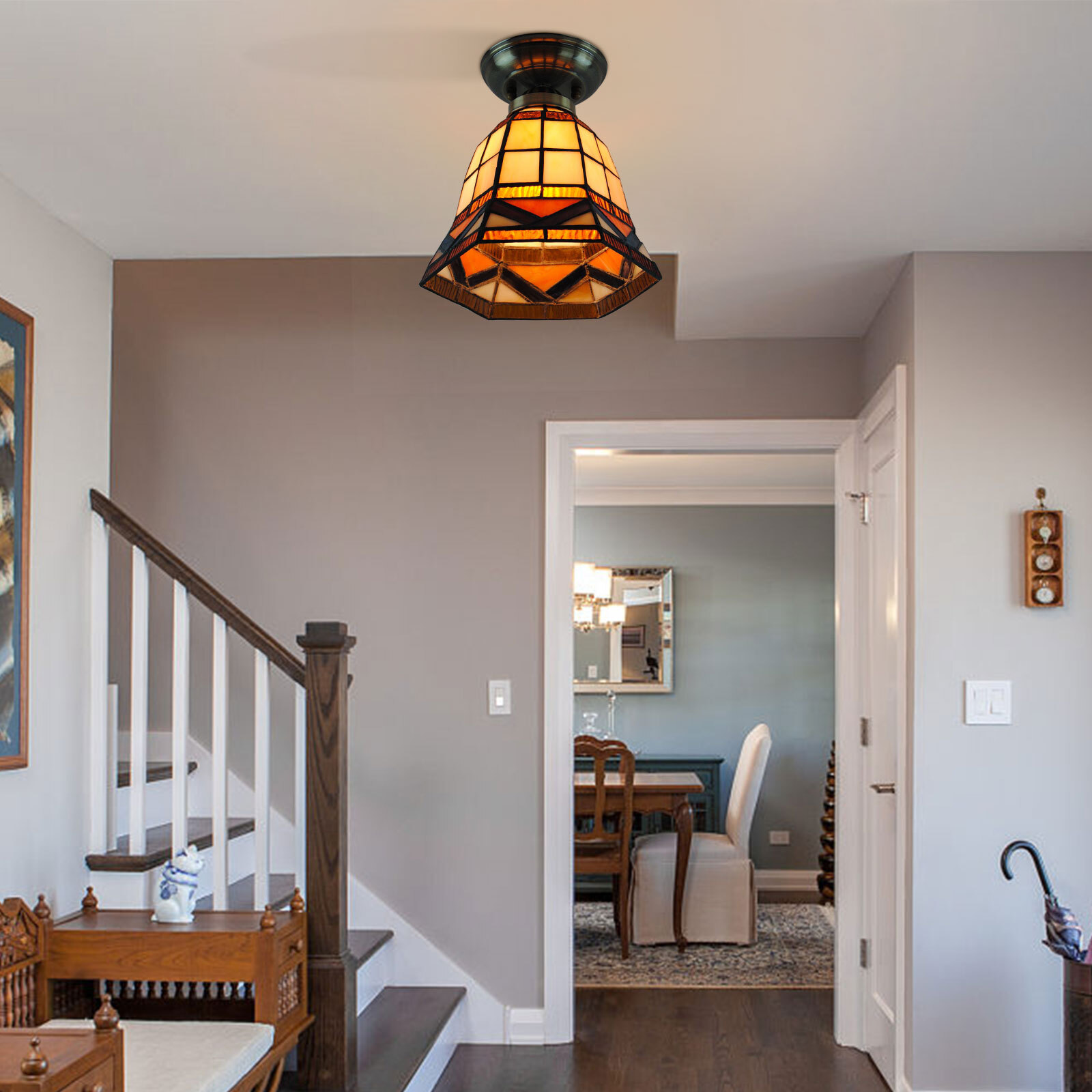 Tiffany Style Ceiling Light Fixture,Stained Glass Shade Flush Mount Lamp Home