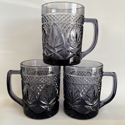 Set of 3 Arcoroc Luminarc Cristal D'Arque Purple/Amethyst Glass Mugs Cups France