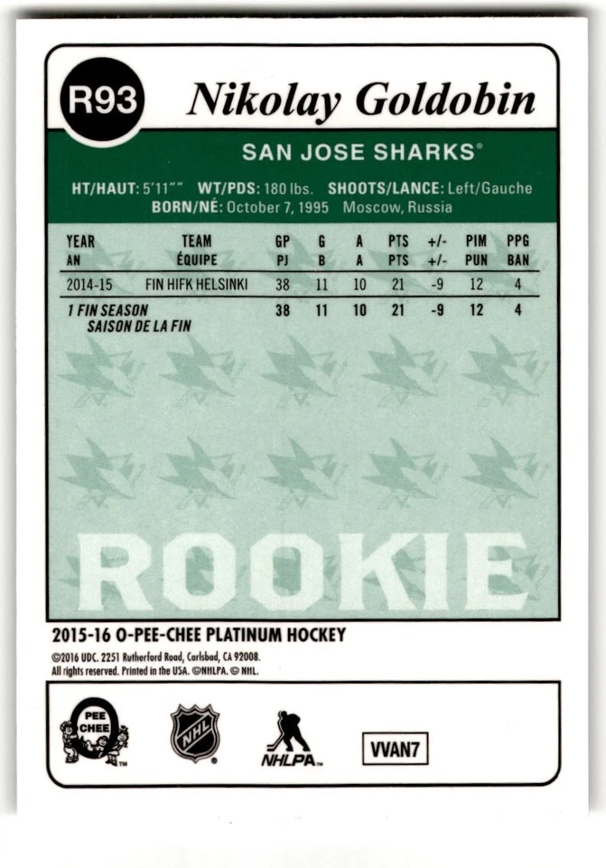 2015-16 O-Pee-Chee Platinum Retro Nikolay Goldobin Rookie #R93 San Jose Sharks - Image 2 of 2