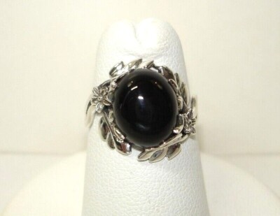 AB schöner zarter schwarzer Onyx 0,925 Sterlingsilber floral Blatt Ring Größe 5