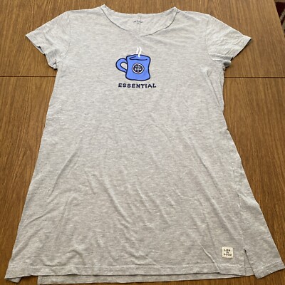 Life Is Good Sleep Shirt Women's Size Large Coffee Cup Essential Gray EUC