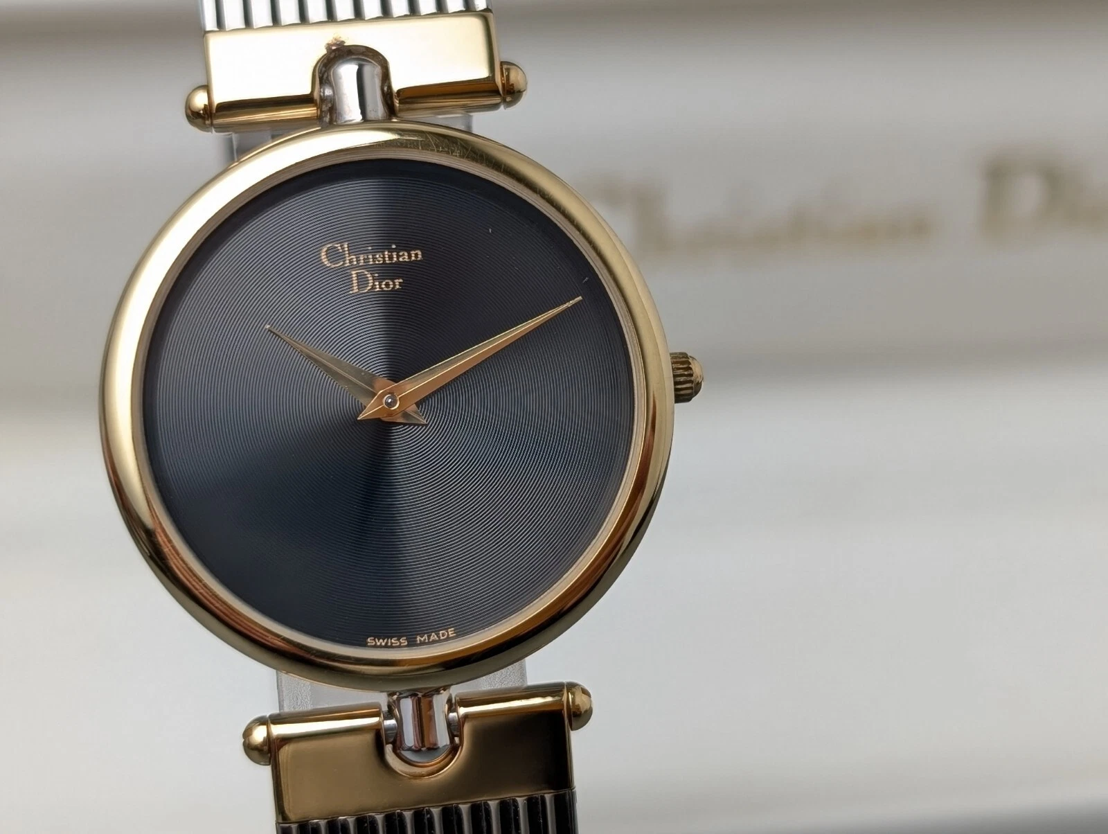 Montre bracelet Christian Dior quartz suisse 3026 cadran bleu bicolore