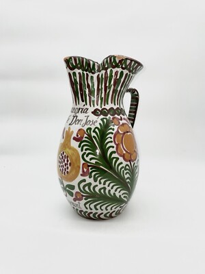 Vintage Green Gold Brown Carnation Sangria Pitcher, Hand Painted Stamped Spain