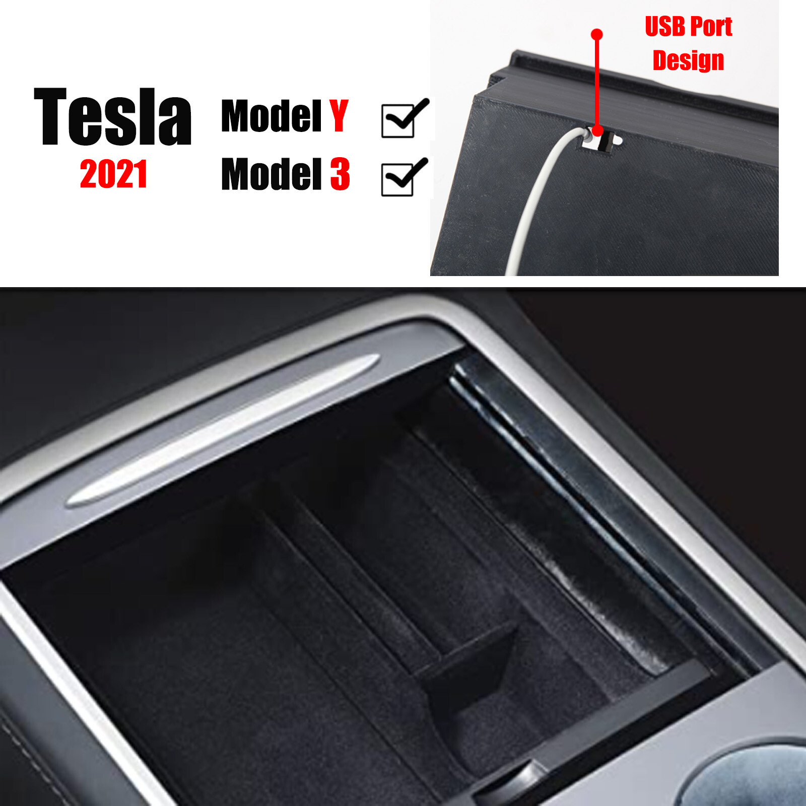 Tesla Model 3/Y 2021 Center Console Organizer Tray Flocked Box Accessories