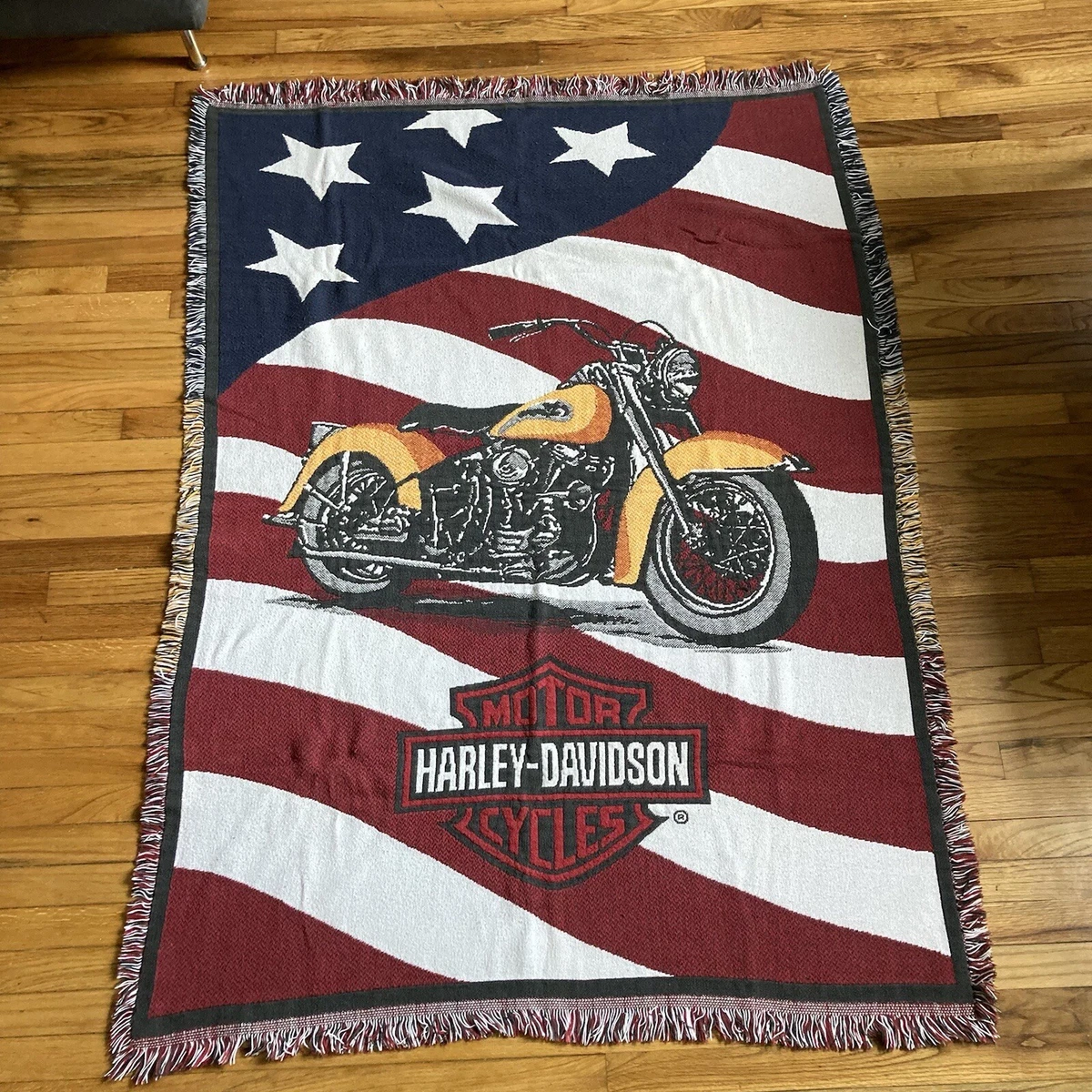Vintage Harley Davidson Knit Throw Blanket USA Flag Motorcycle Bar