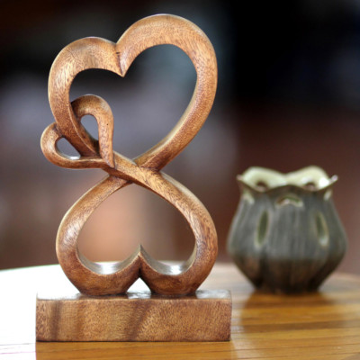 NEW 10'' BALI Handmade 3-HEART SUAR WOOD Figurine Sculpture 10h x 6w x 2d