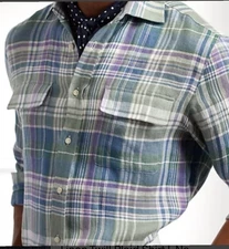 Ralph Lauren Purple Label Shirt Italy Plaid Linen Twill Mens Large Pockets Sport