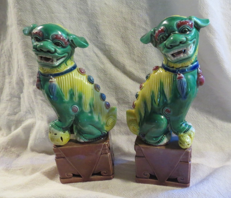 Antique Pair of Ceramic Chinese Green and Yellow Foo Dog Figurines Stamped