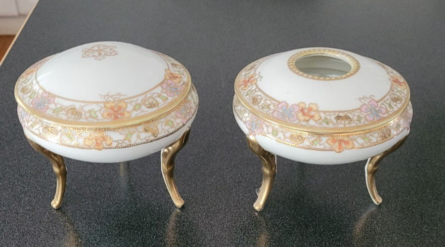 C. 1891 Nippon Hair Receiver and Dresser Jar ~ Hand Painted Gold Gilded 3 Footed