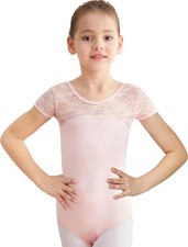 Girls Ballet Dance Lace Neck Leotard Toddler Gymnastic Bow Back Cap Sleeve