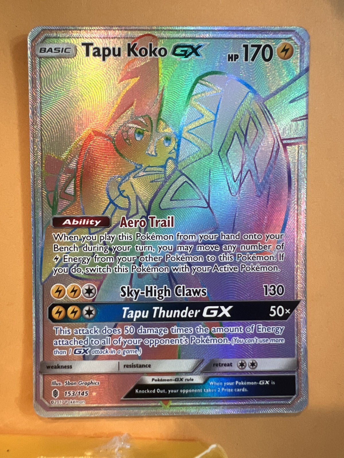 Tapu Koko GX 153/145 LP- NM Rainbow Rare Ultra Rare Guardians Rising Pokemon TCG